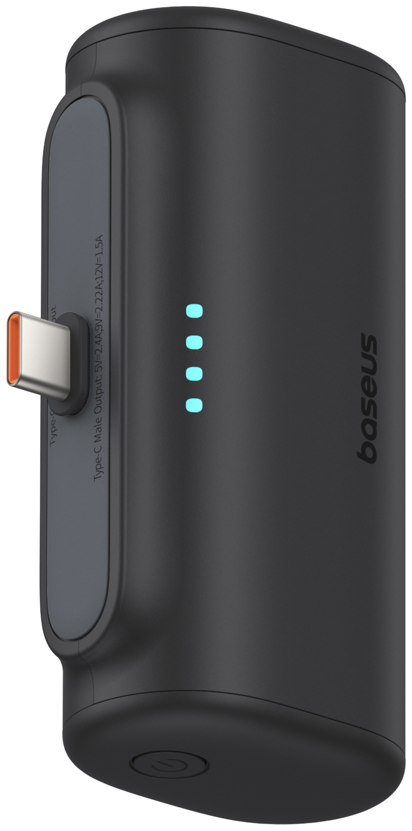 Egy fekete-szürke power bank USB-C porttal és négy kék LED-del.