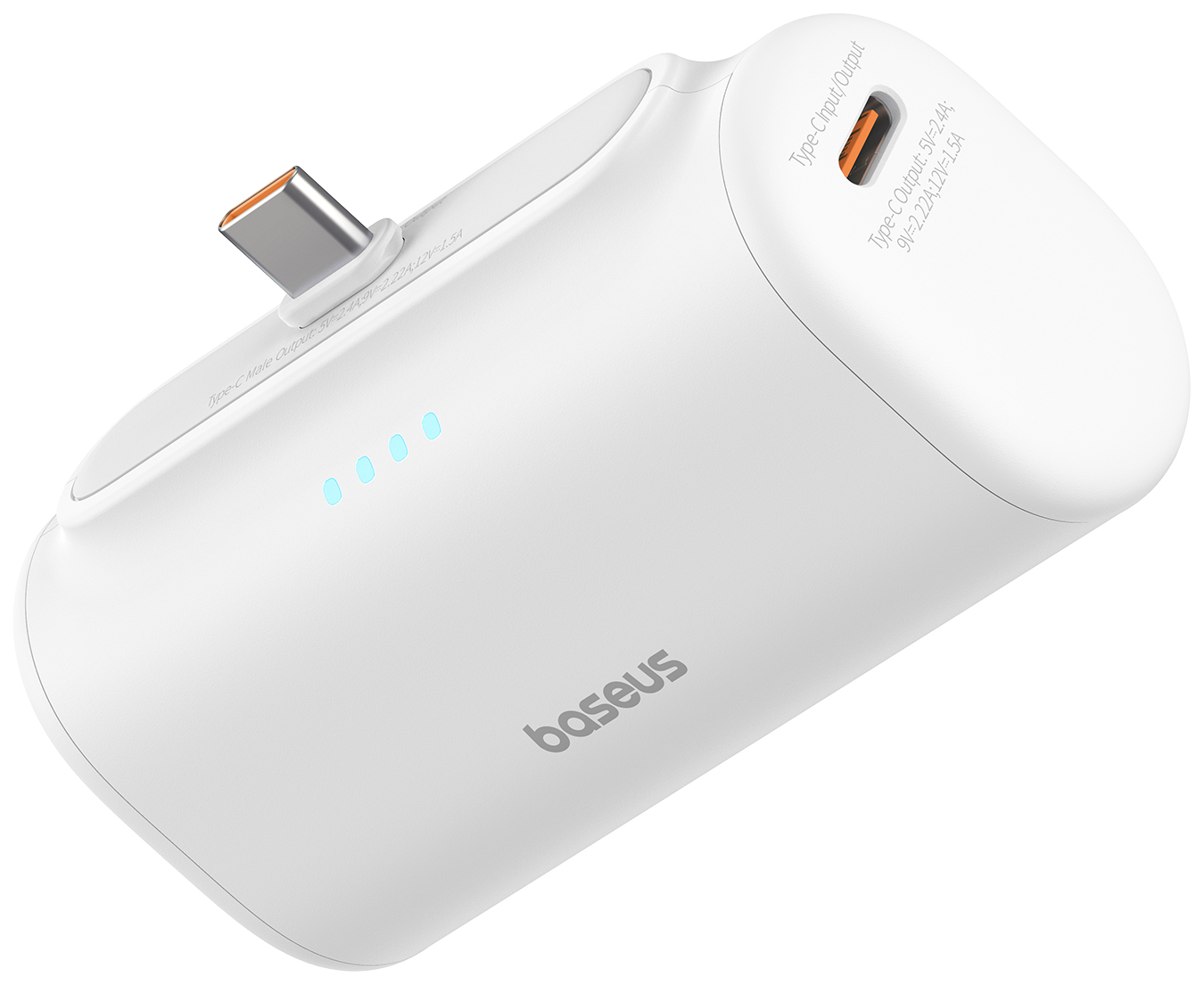 Fehér Baseus power bank USB-C porttal és LED-jelzőkkel. Fehér háttér.