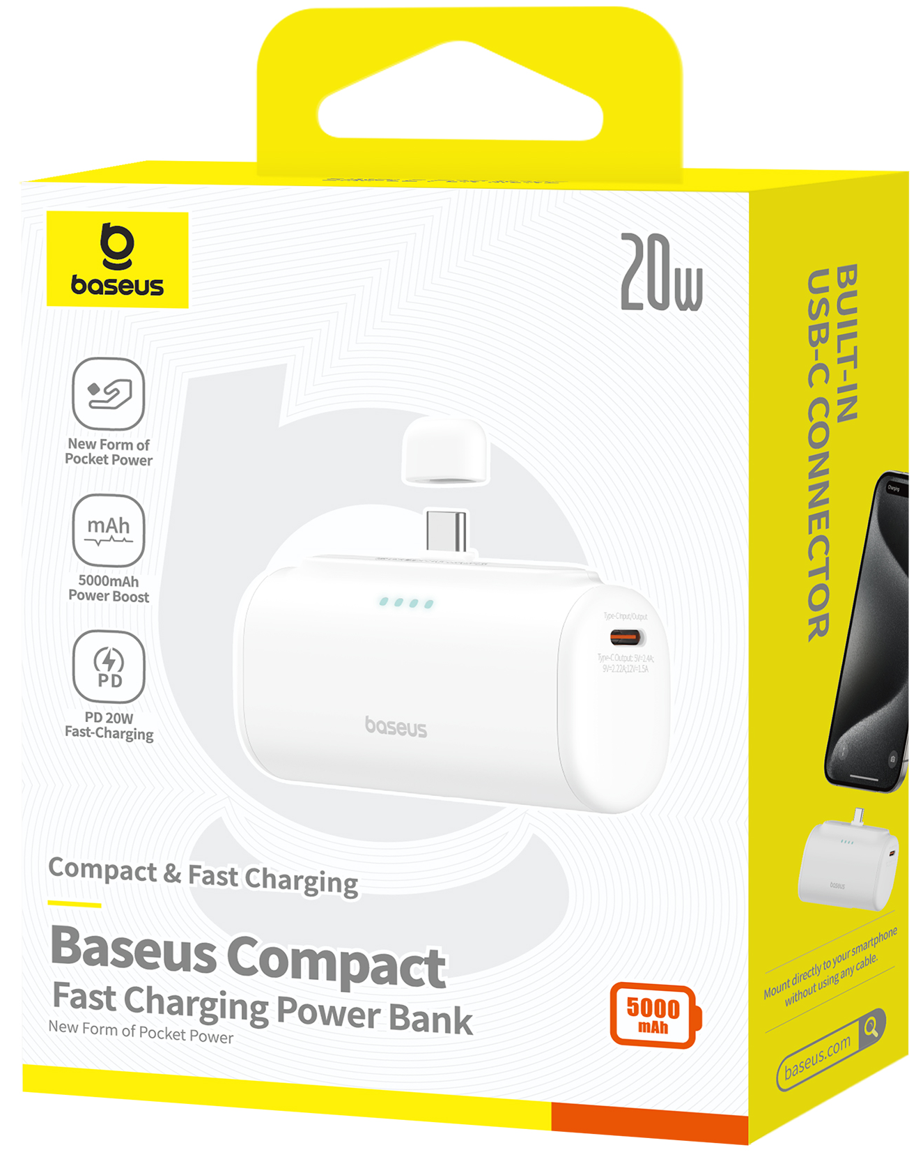 Fehér és sárga doboz egy Baseus Compact gyorstöltő power bank-ről beépített USB-C csatlakozóval.