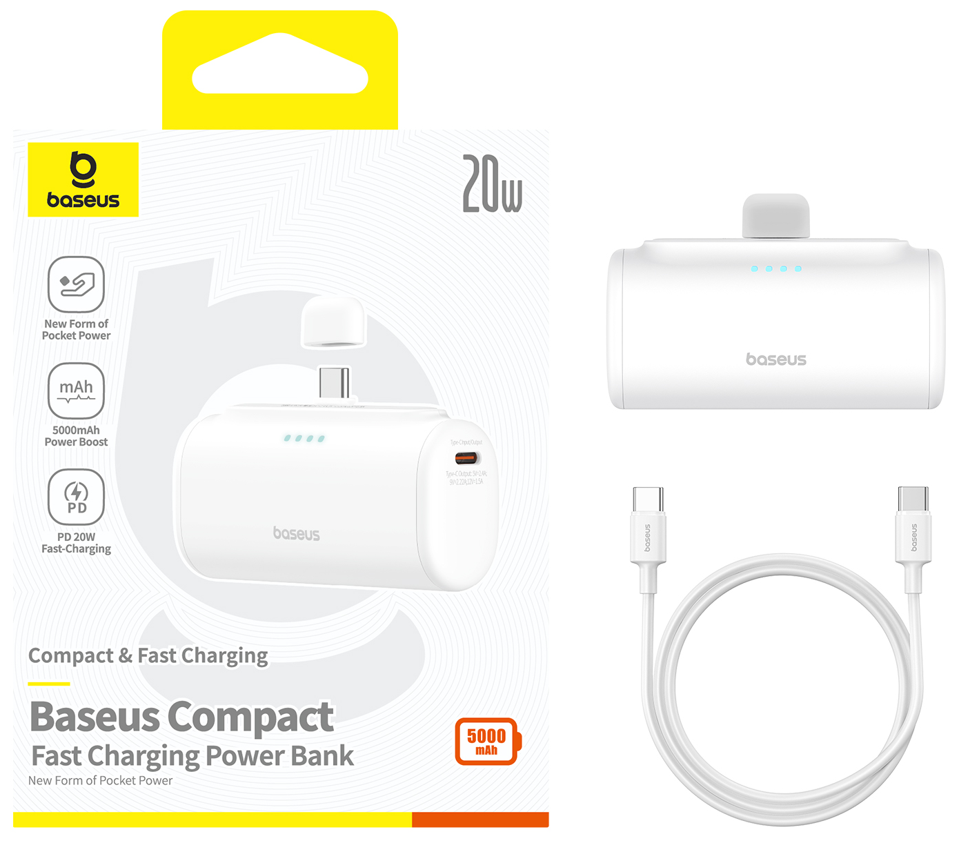 Egy fehér Baseus power bank dobozban kábellel és a készülék részletes képével.