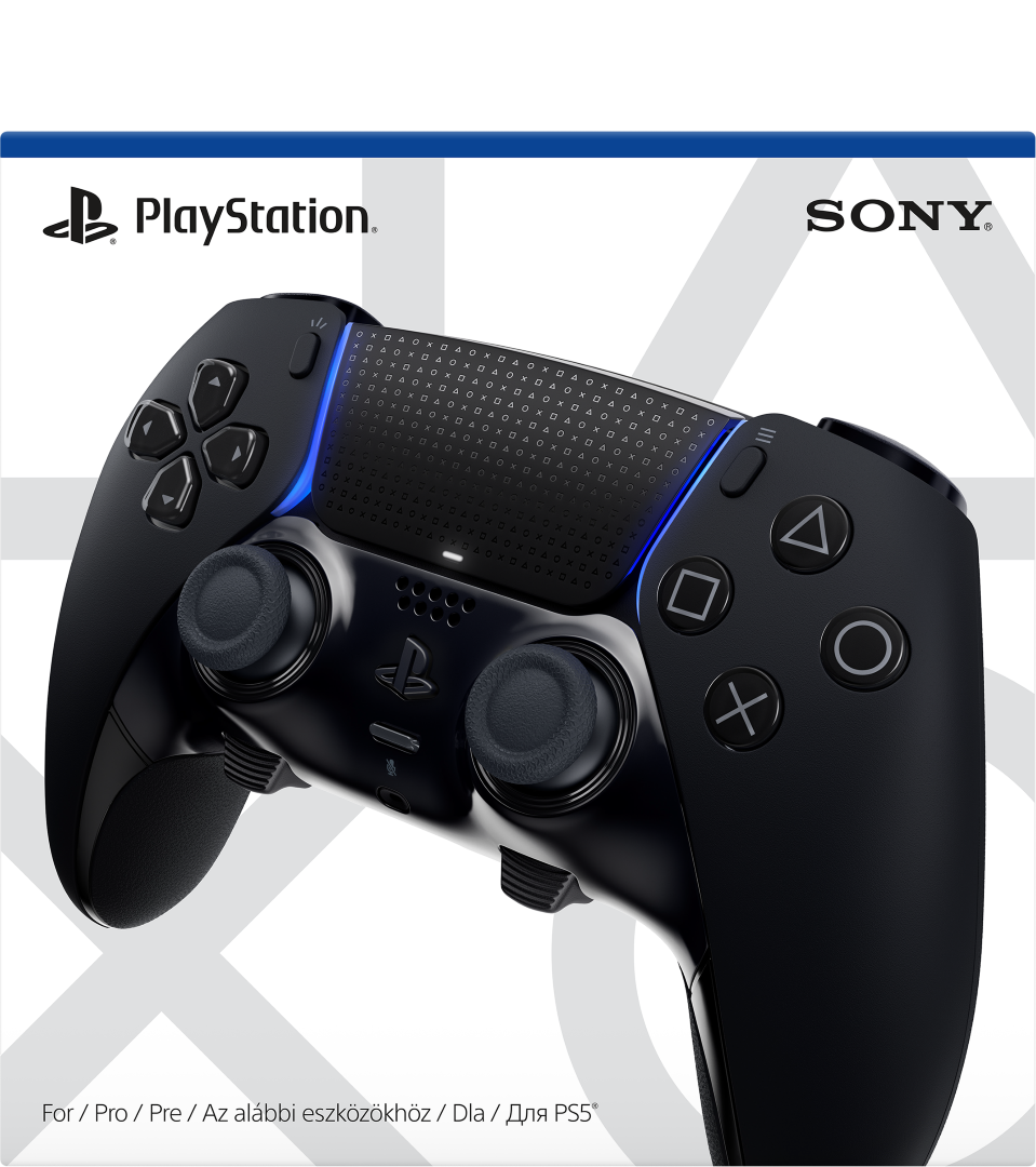 Czarny kontroler PlayStation z niebieskim paskiem świetlnym. Widoczne logo Sony i PlayStation.