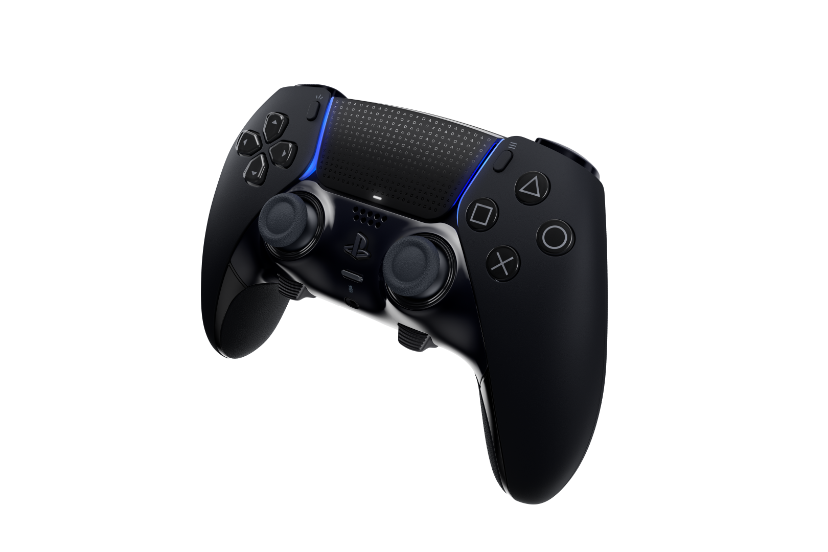 Czarny kontroler Sony PlayStation, pod kątem, pokazujący przyciski, joysticki i spusty.