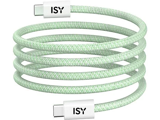 Zielony, zwinięty kabel USB z białymi wtyczkami na obu końcach.