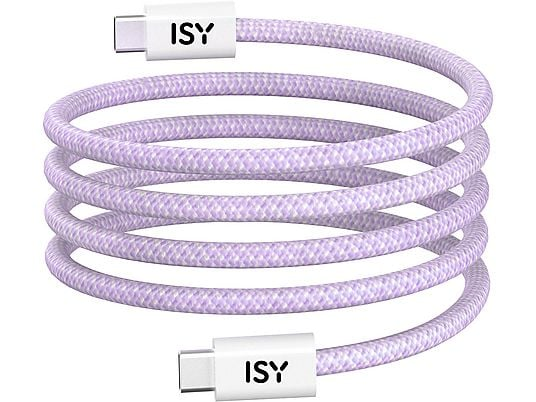 Zwinięty fioletowo-biały pleciony kabel USB-C z białymi złączami ISY.