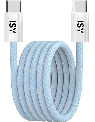 Jasnoniebieski kabel USB-C, zwinięty, z białymi złączami oznaczonymi 'ISY'.