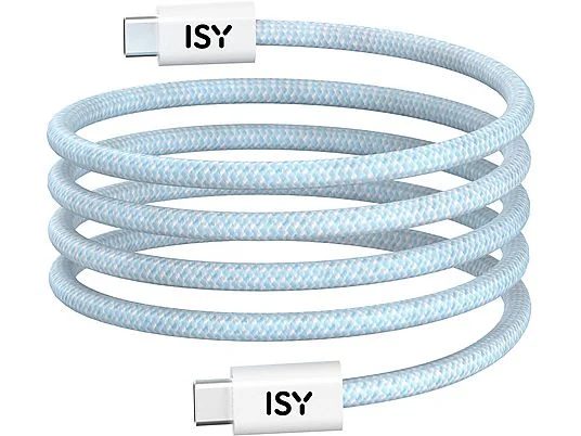 Pokazano biały, zwinięty kabel USB-C ISY.