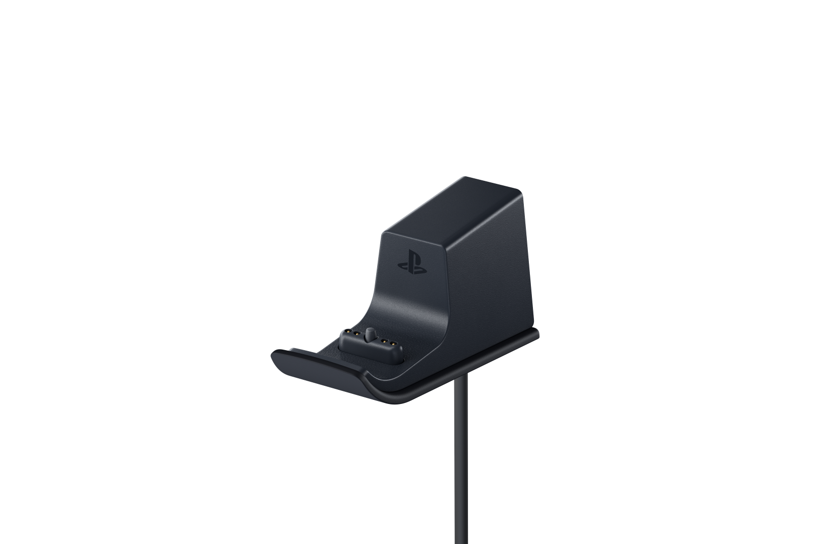 Czarny stojak ładujący kontroler PlayStation 5 na czarnym tle.