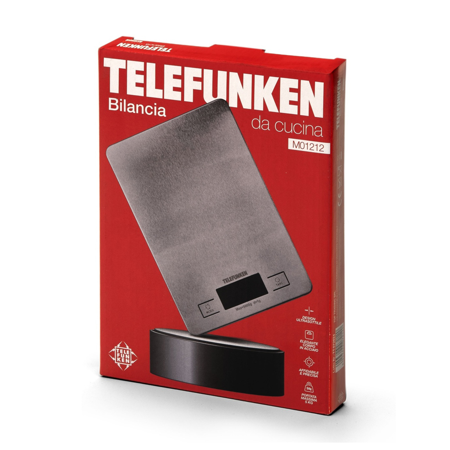 Scatola della bilancia da cucina Telefunken con una bilancia in acciaio inossidabile e la sua base nera.