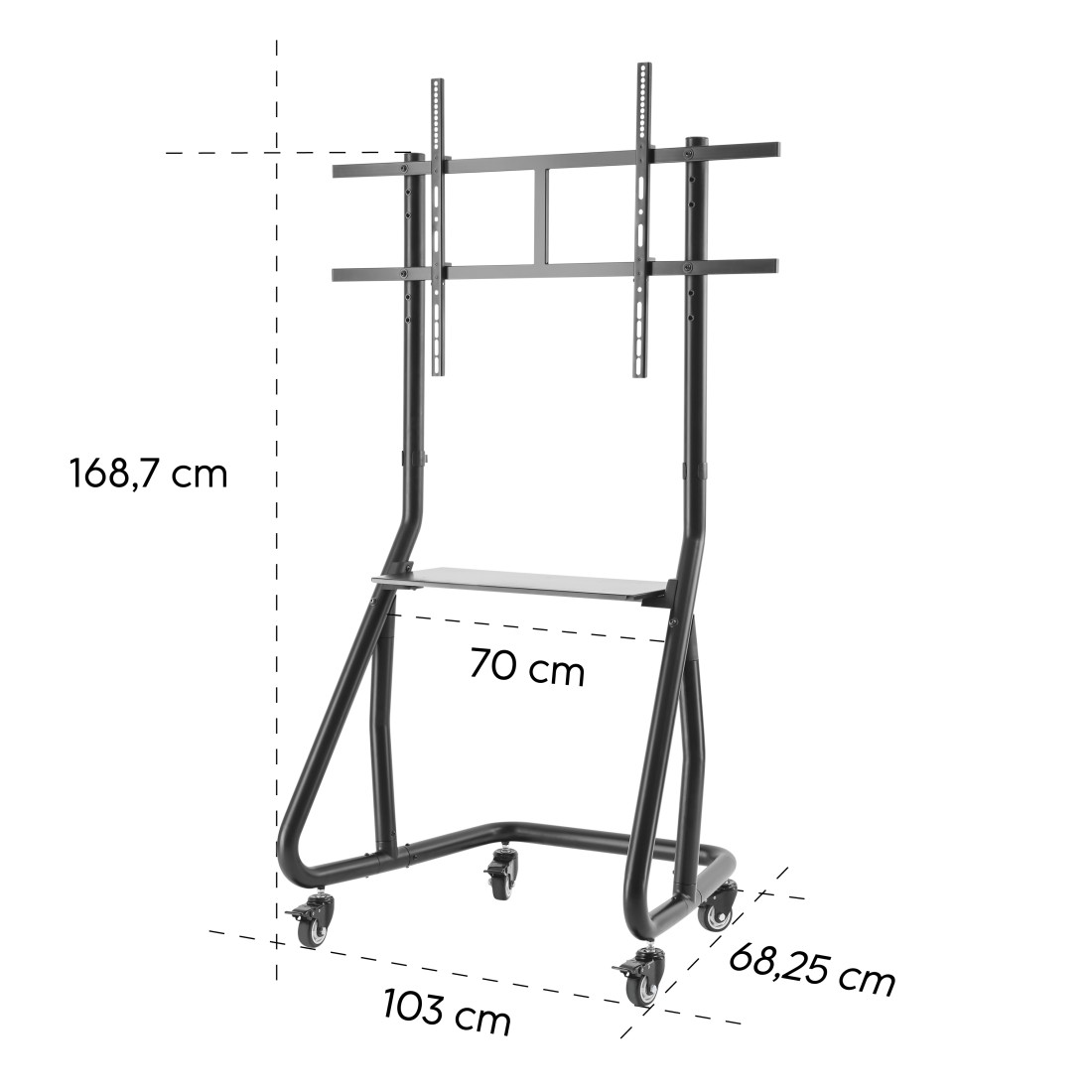 Schwarzer TV-Ständer mit Maßangaben: 168,7 cm Höhe, 103 cm Breite, 70 cm Ablage, 68,25 cm Tiefe.