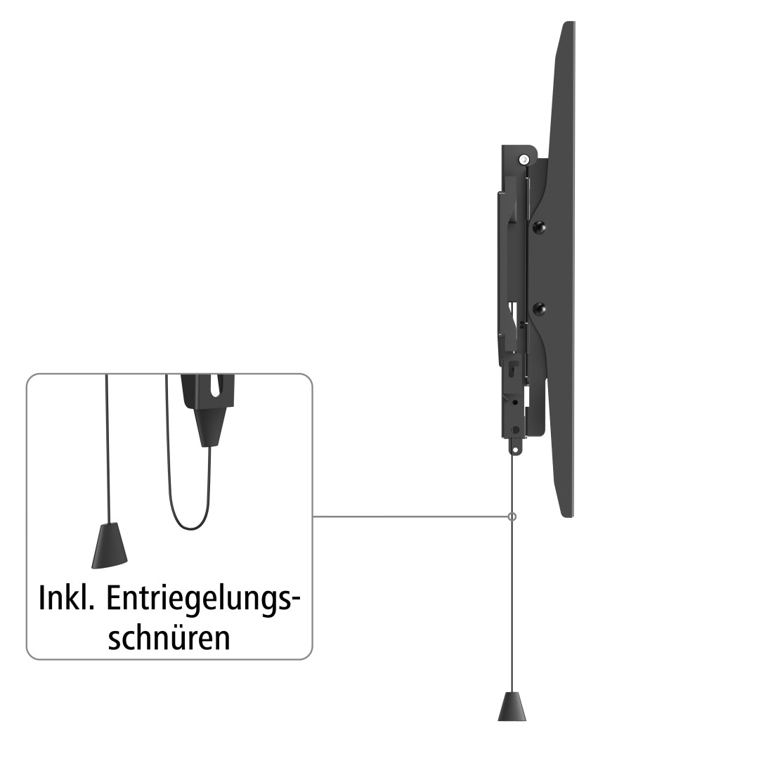 TV-Halterung mit Seitenansicht eines Fernsehers. Hat eine Zugschnur.