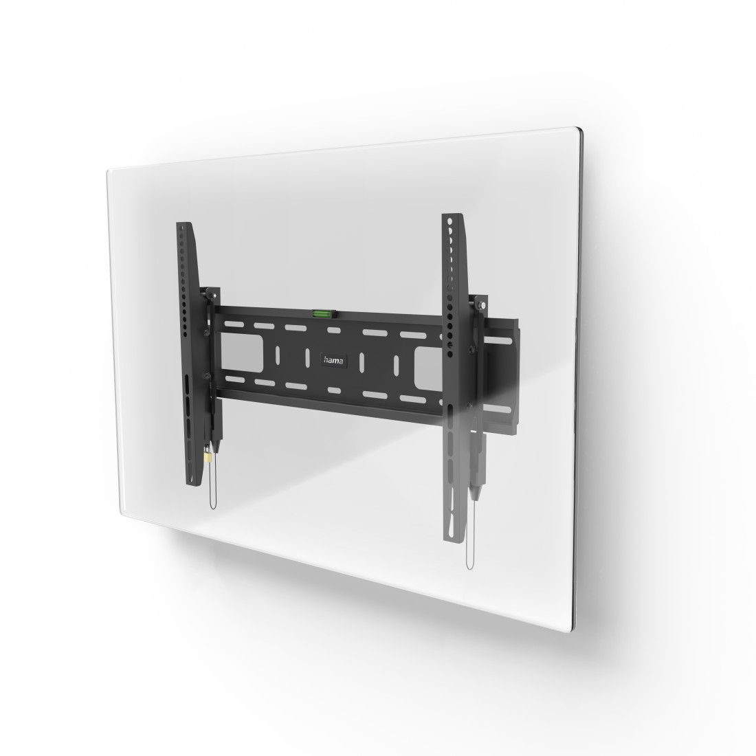 Schwarze TV-Wandhalterung an einer weißen Wand. Die Halterung hat eine Wasserwaage und Montagehalterungen.