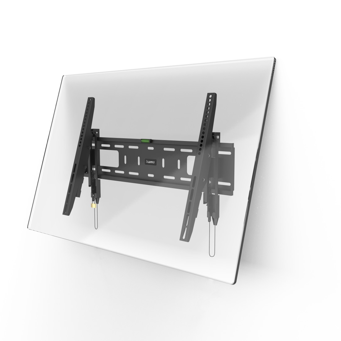 Schwarze TV-Halterung an weißer Wand, montiert auf transparenter Schutzfolie.