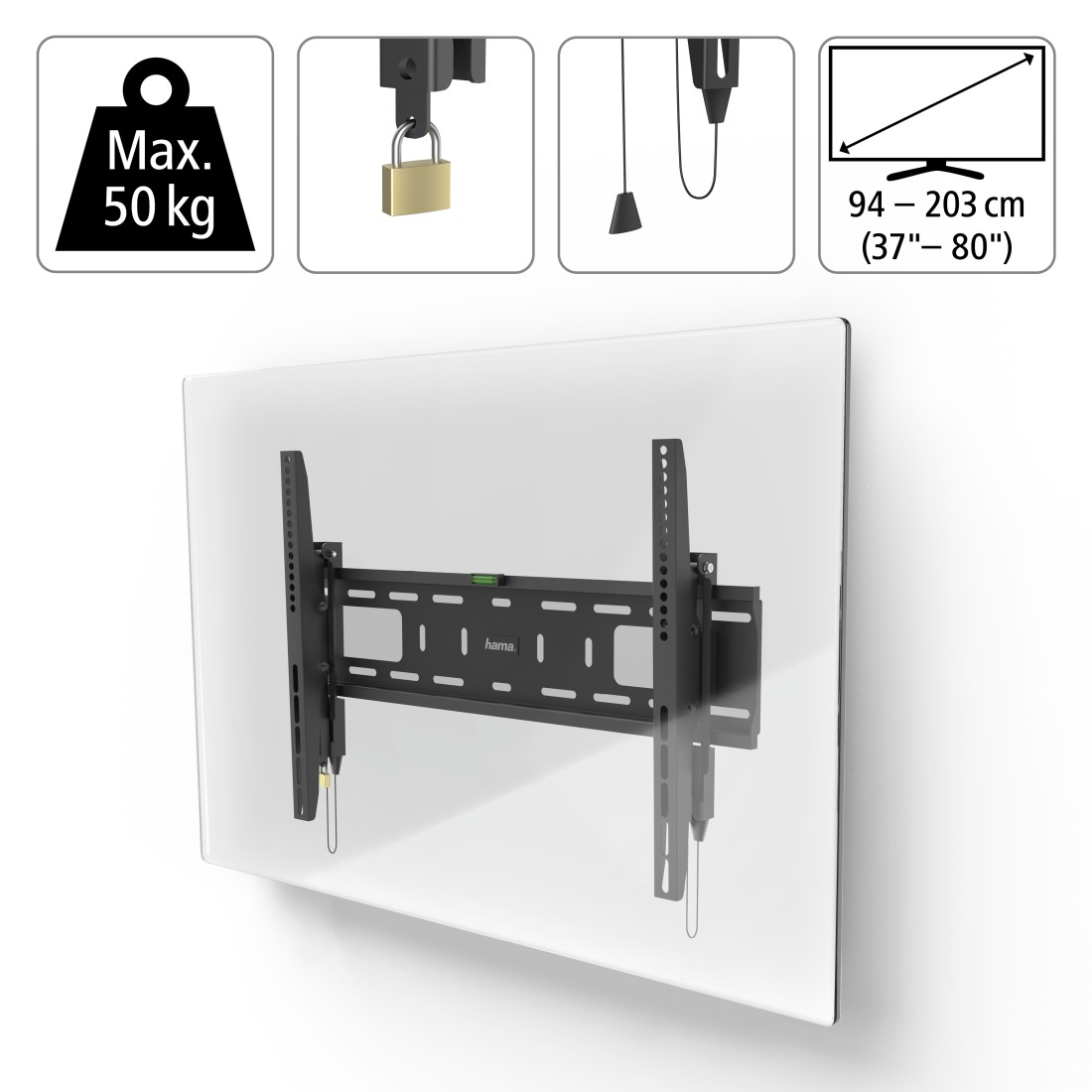 TV-Halterung an weißer Wand, mit Symbolen für max. Gewicht, Schloss und Bildschirmgröße.