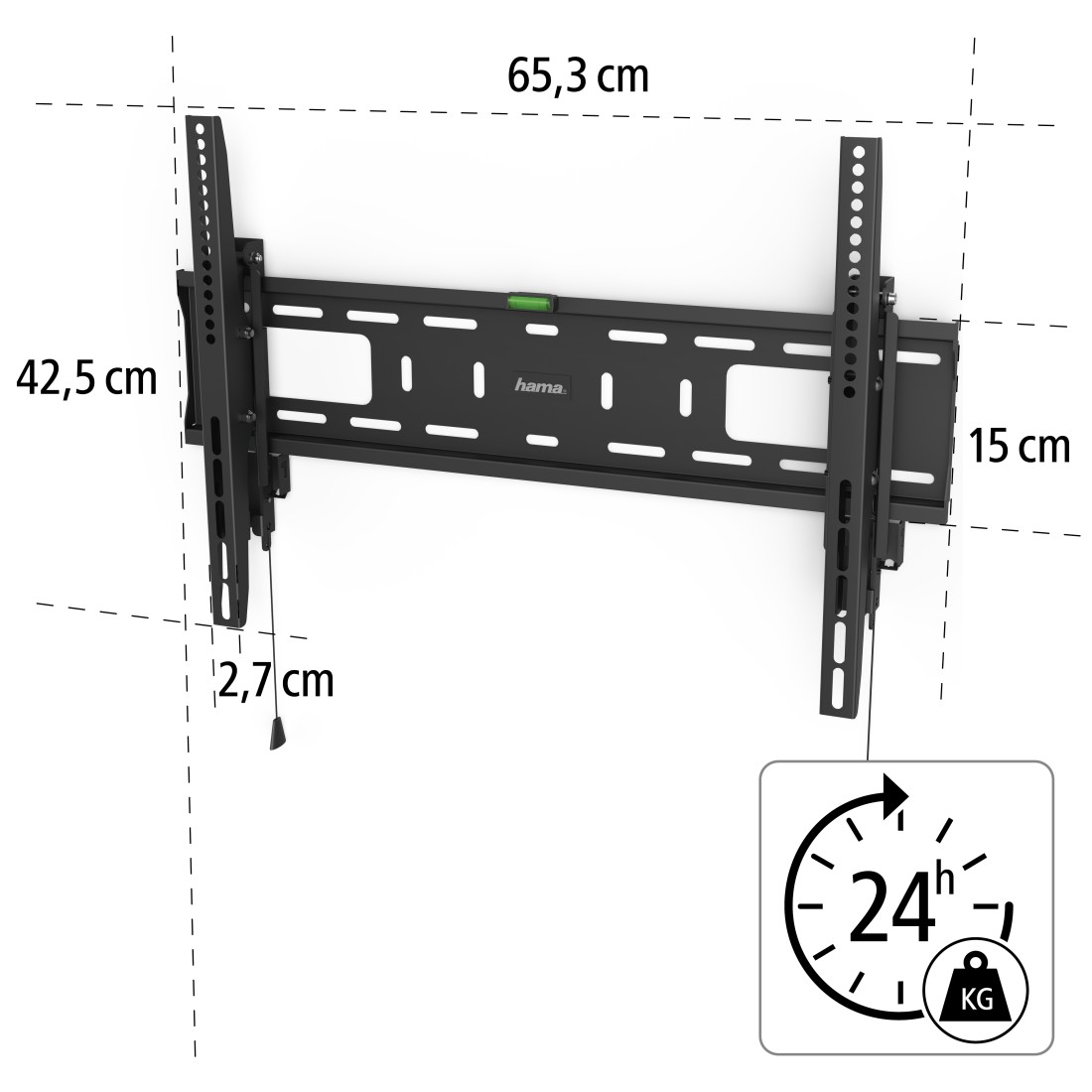Schwarze TV-Wandhalterung mit Maßen und einem 24h/KG-Symbol.
