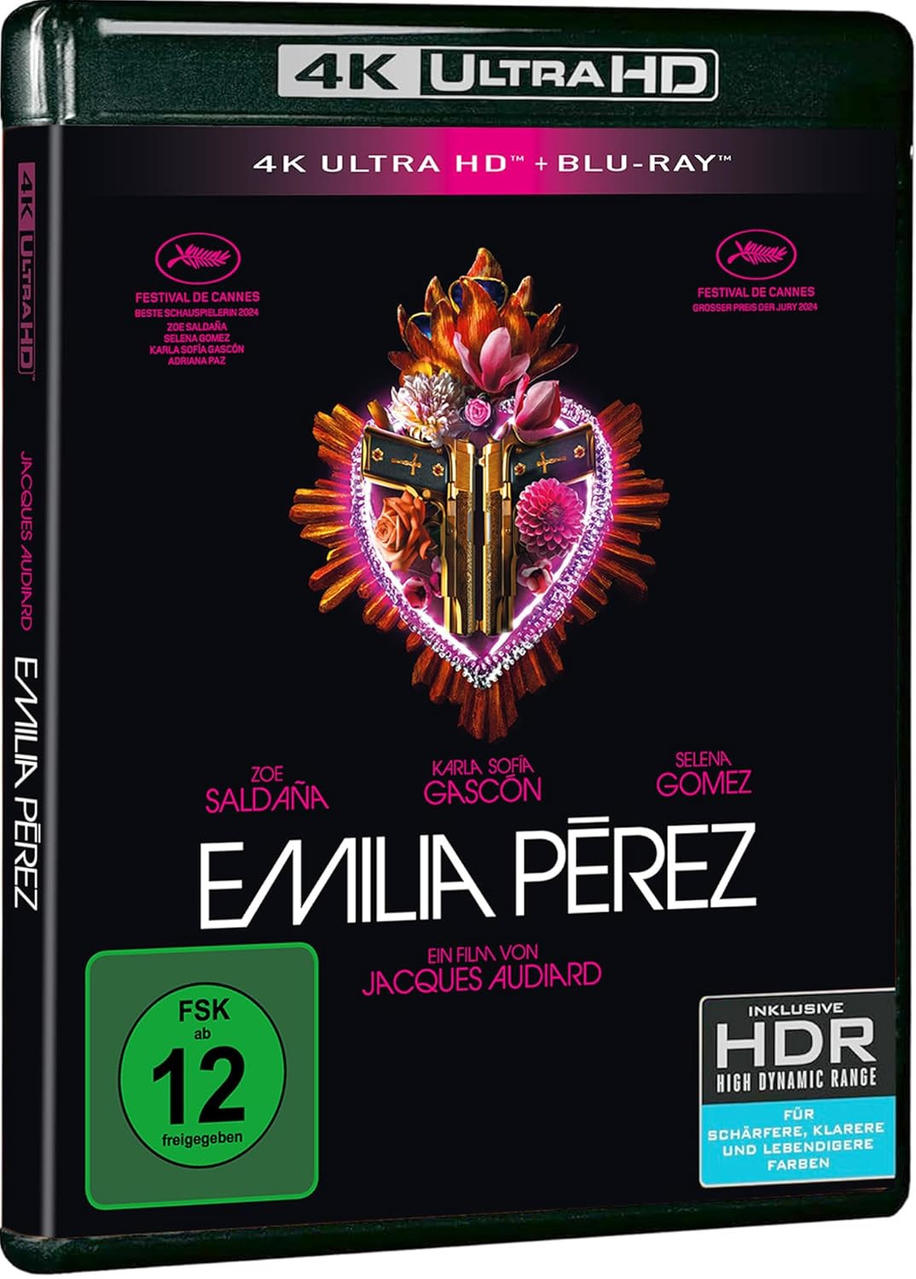 Blu-ray-Filmcover mit Text und Blumendesign, Titel 'Emilia Pérez'.