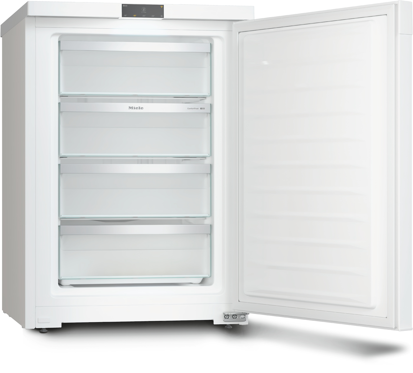 Ein weißer Gefrierschrank mit offener Tür und vier Glasfächern.