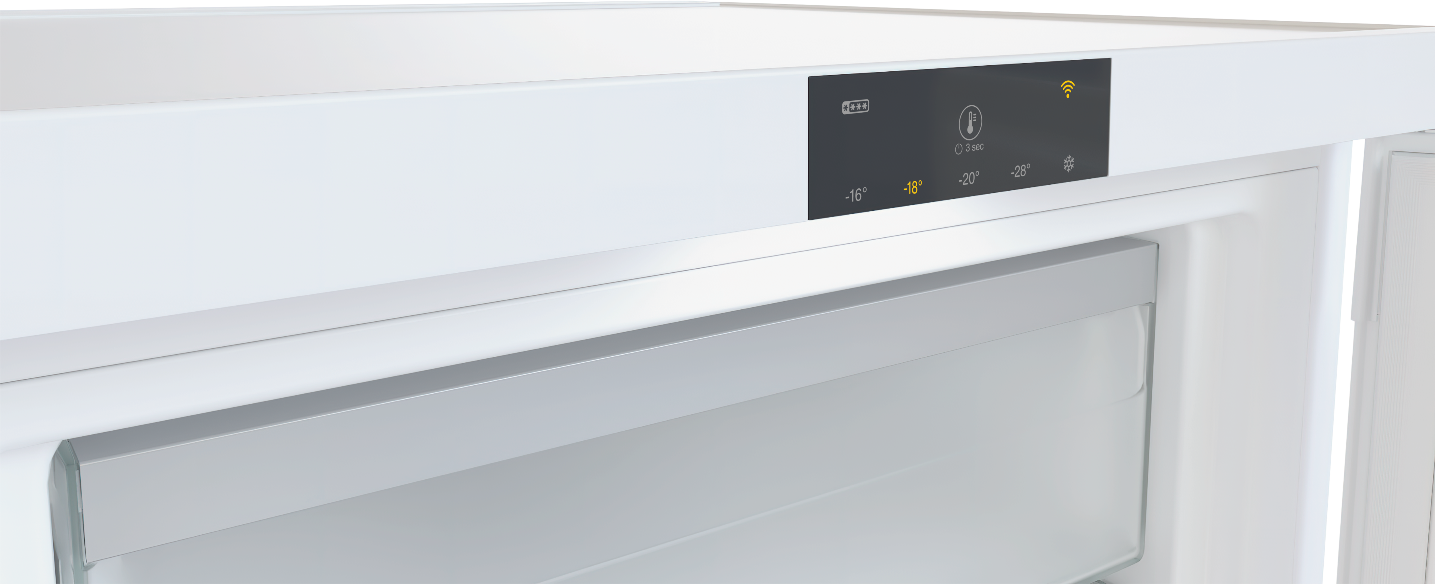 Weiße Kühlschranktür mit digitaler Anzeige für Temperatur und WLAN.