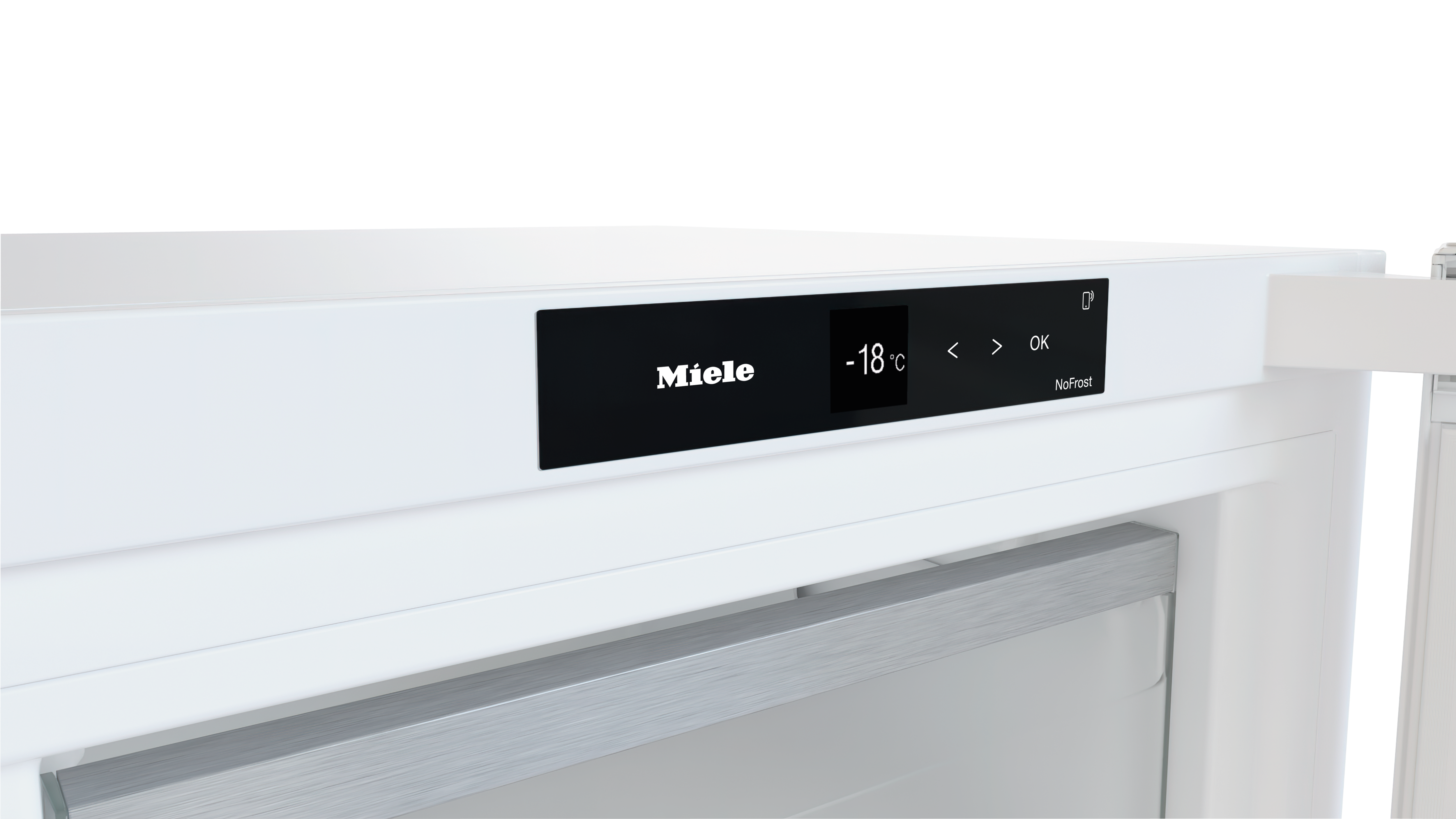 Miele-Logo auf weißem Kühlschrank-Display zeigt -18°C. OK-Taste.