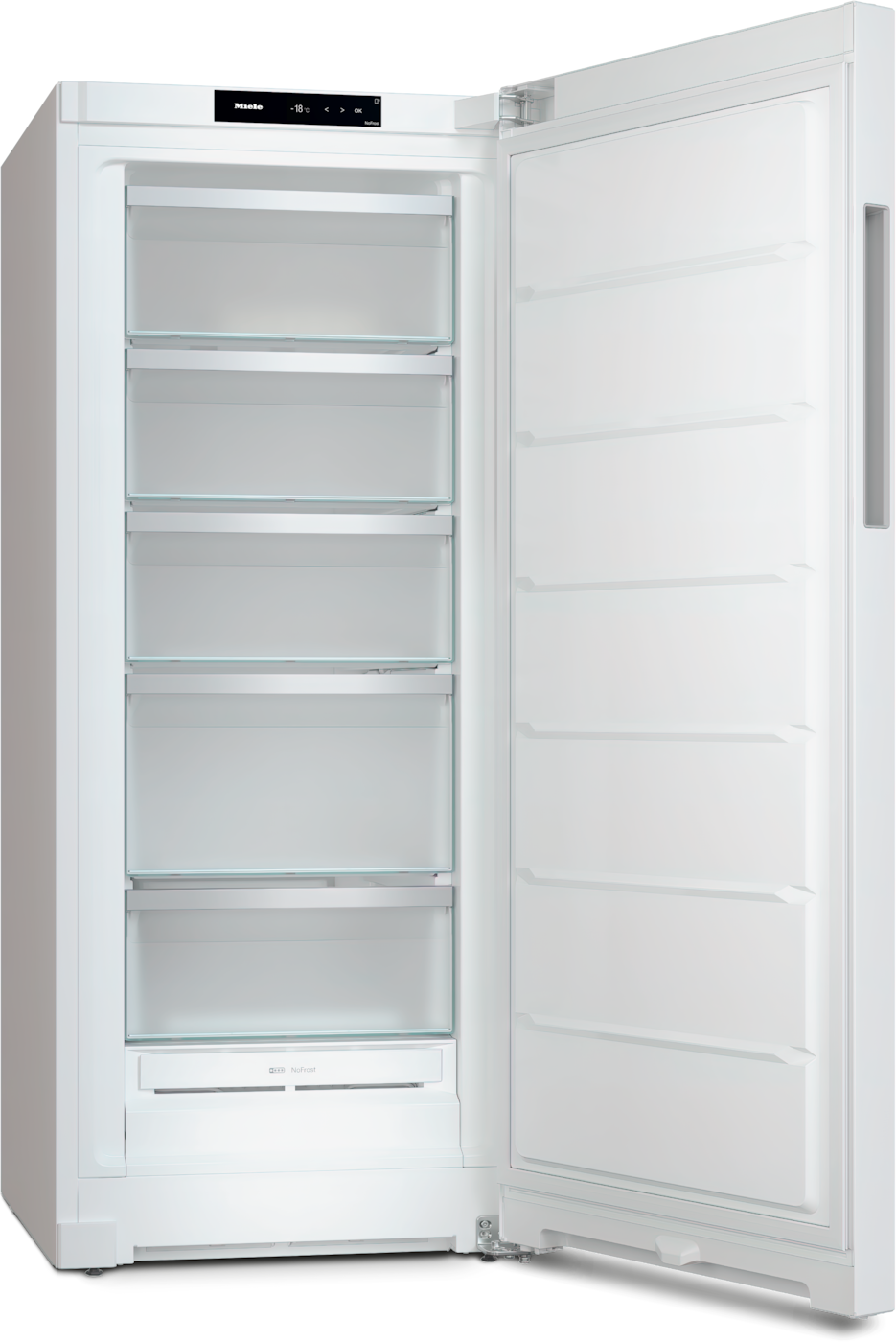 Ein offener weißer Miele Gefrierschrank mit Glaseinlegeböden.