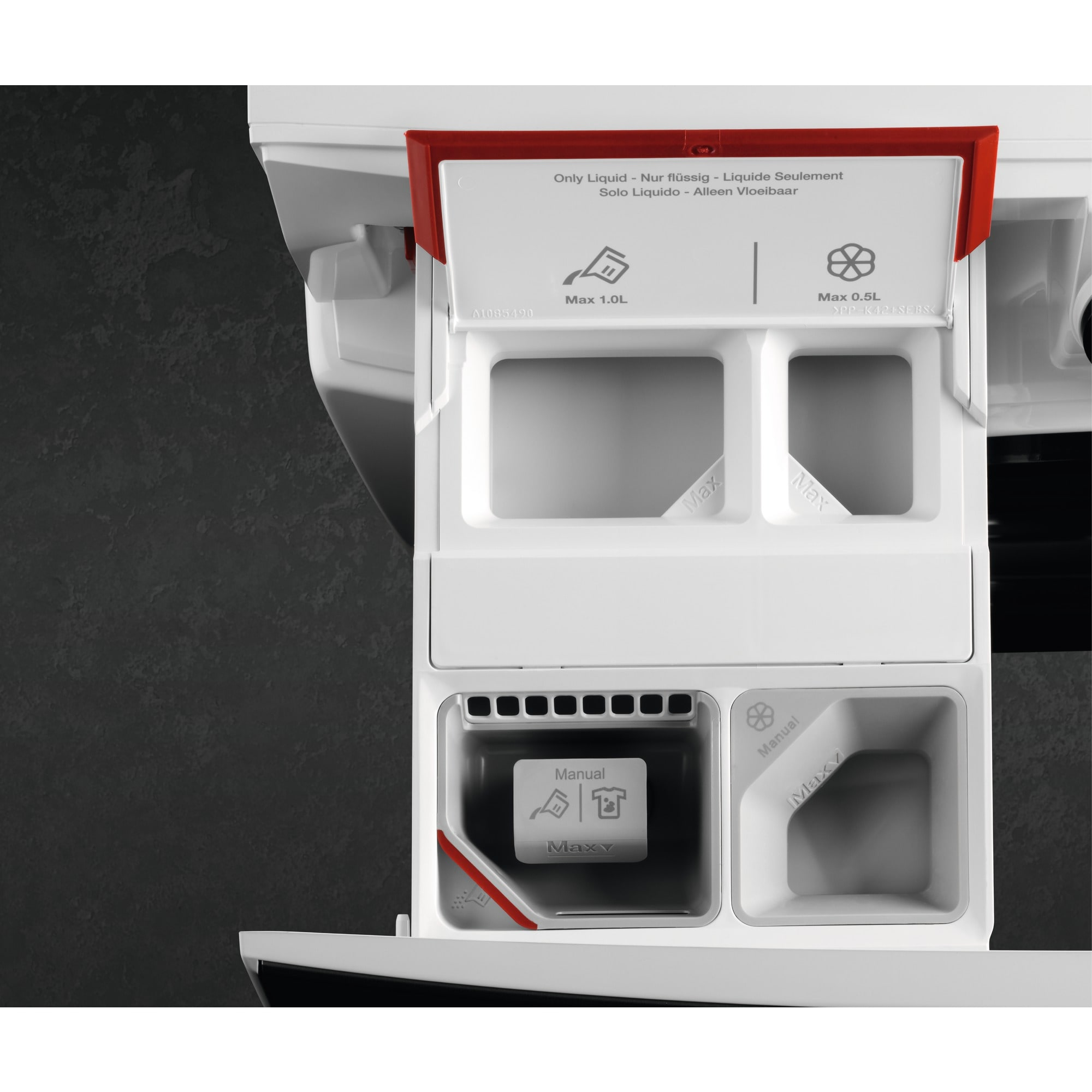 White washing machine with open detergent drawer showing compartments.