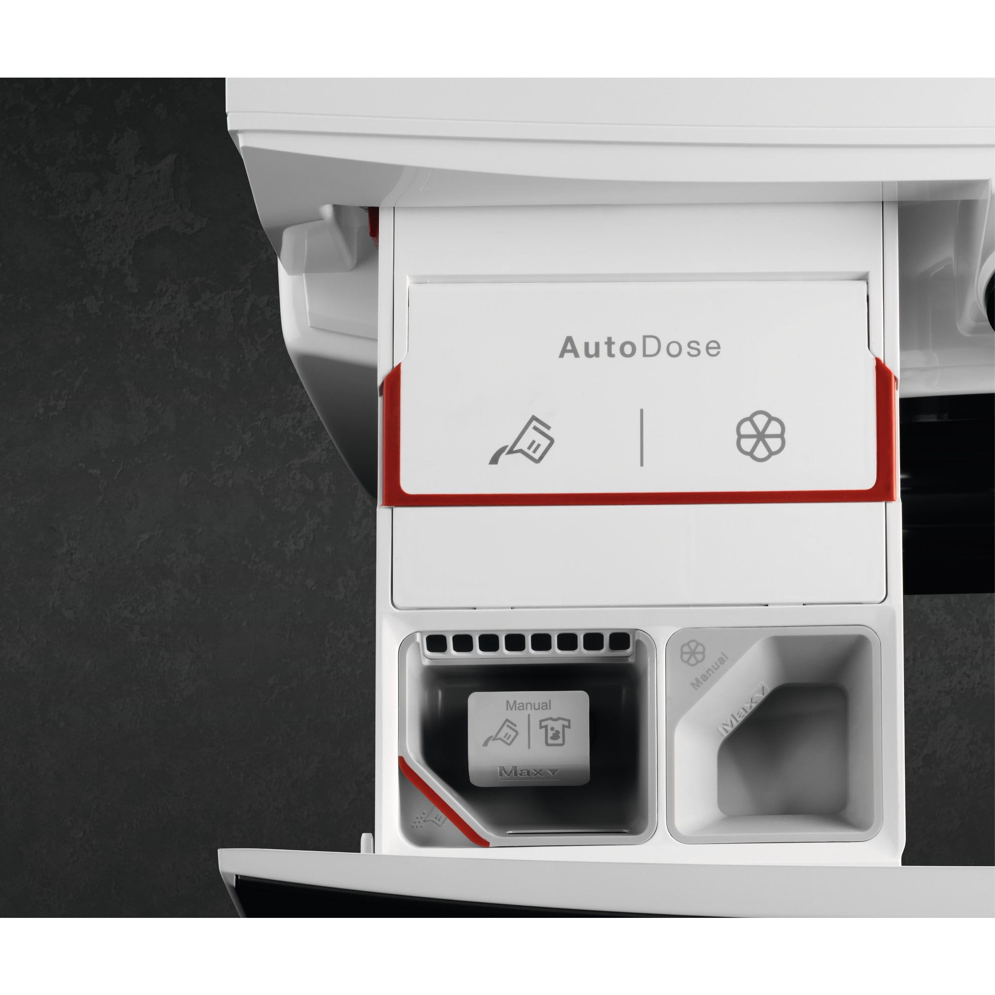 White washing machine detergent drawer with AutoDose label and red accents.