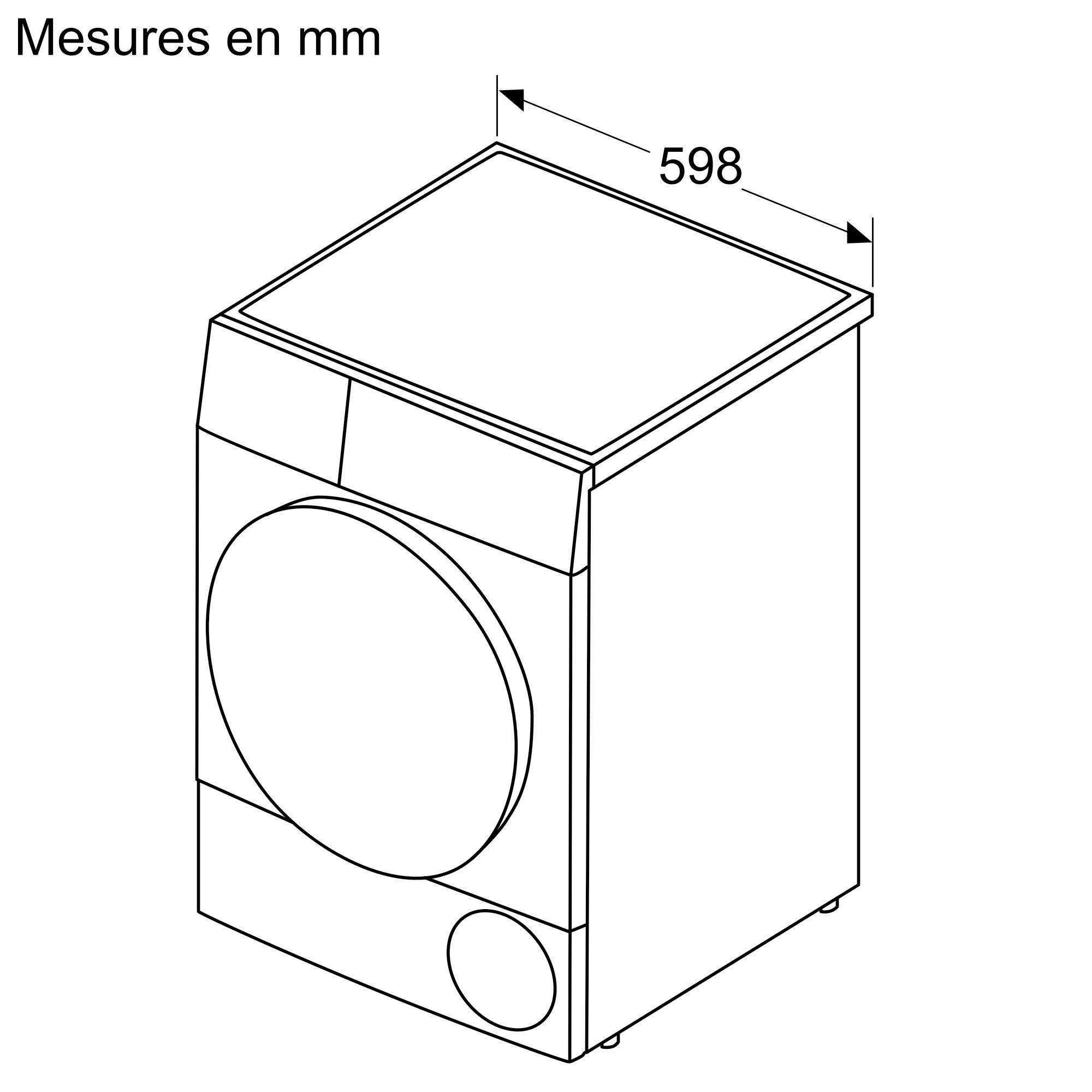 A drawing of a white rectangular microwave with measurements in mm and a dimension of 598.