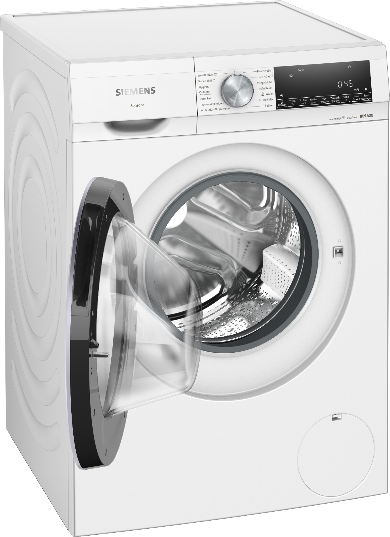 Eine weiße Siemens Waschmaschine mit geöffneter Tür, die die Trommel freilegt.