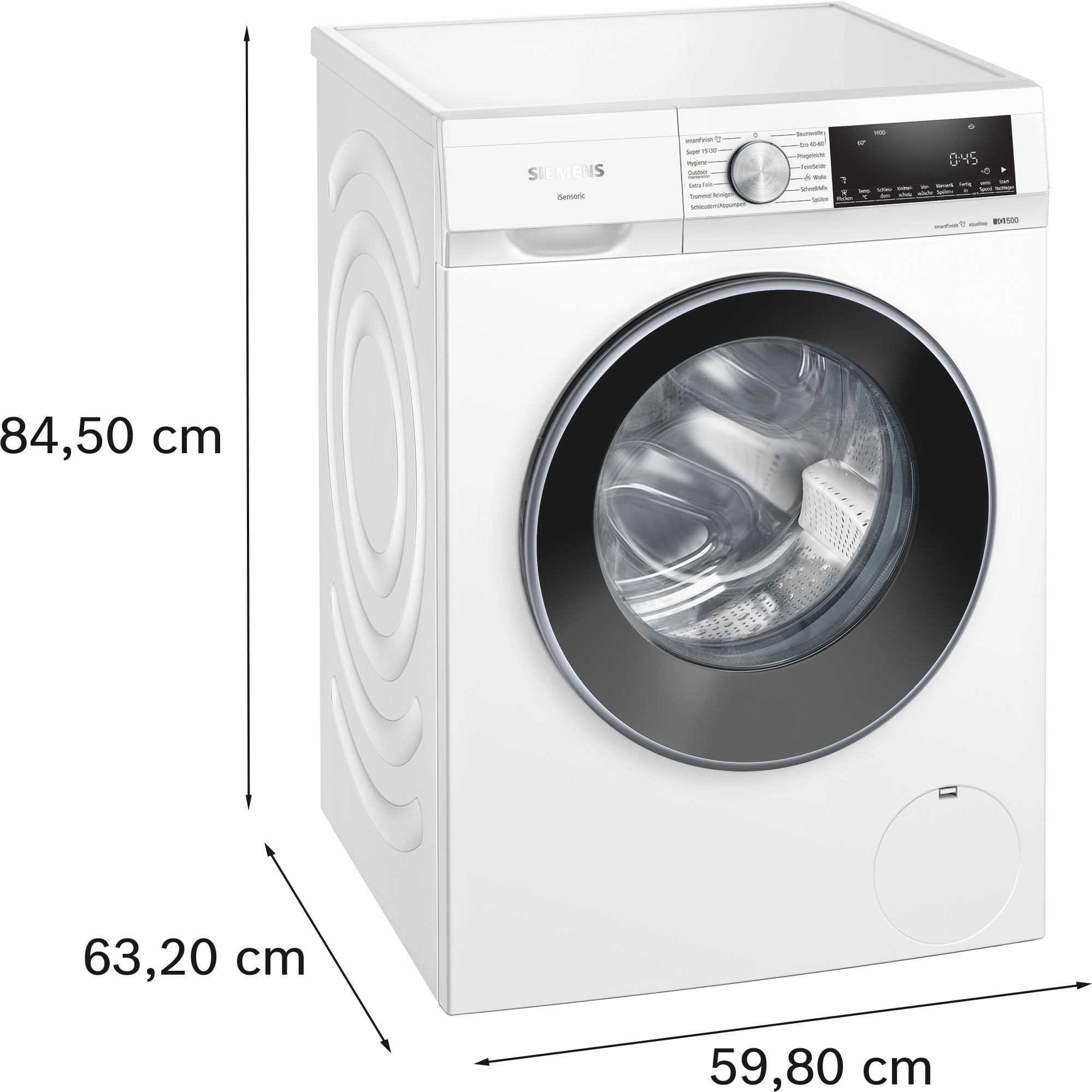 Weiße Waschmaschine von der Seite, mit Abmessungen.