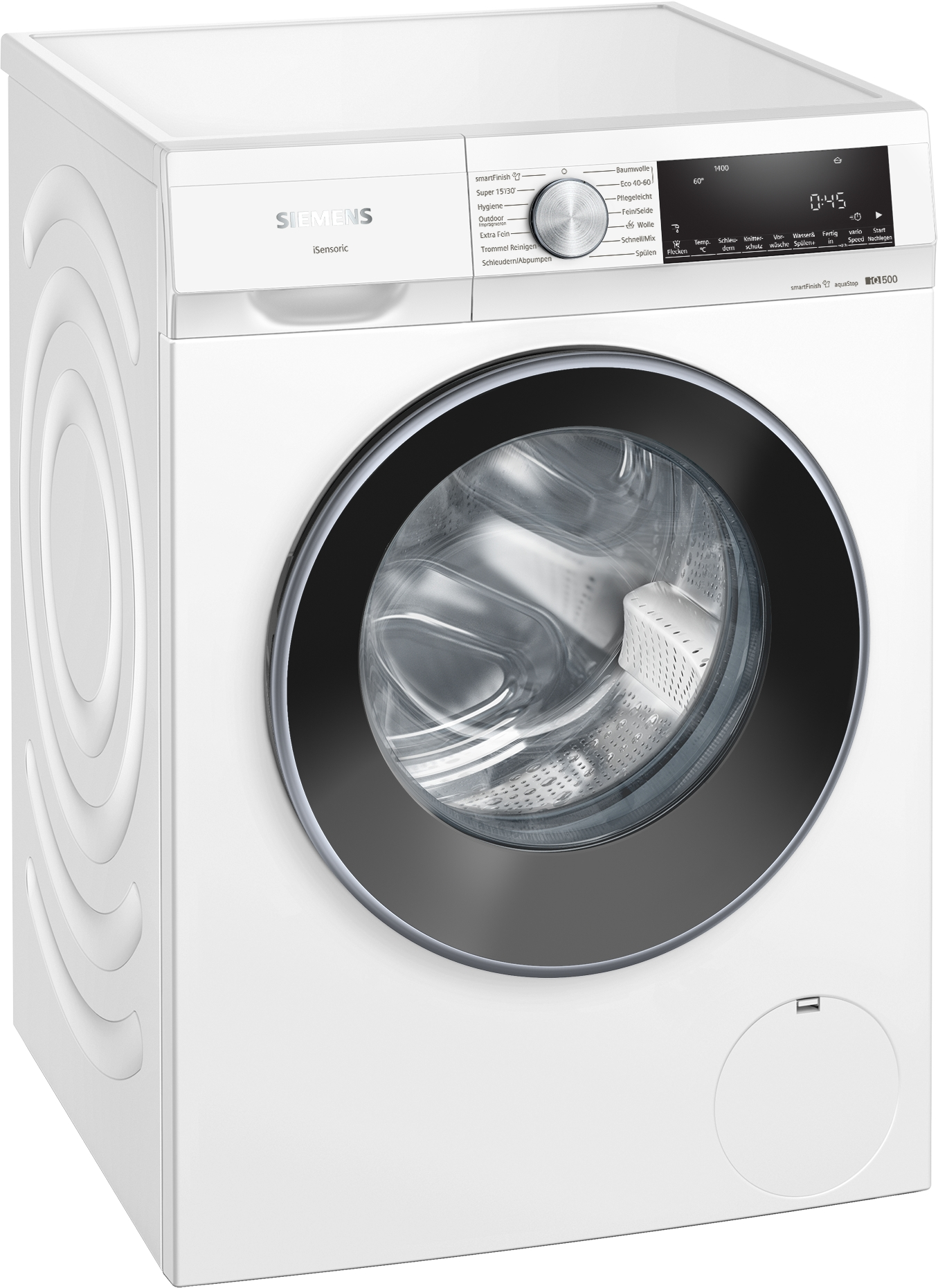 Weiße Siemens Waschmaschine mit schwarzer Tür und Bedienfeld.
