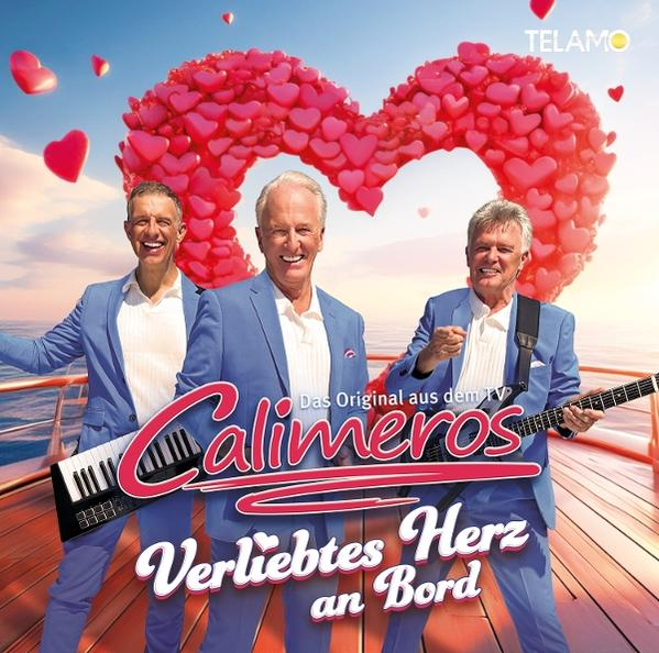 Albumcover mit drei Männern auf einem Boot, herzförmigen Ballons und dem Text 'Calimeros Verliebtes Herz an Bord'.