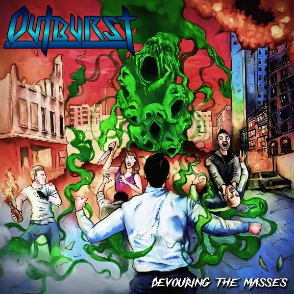 Albumcover. Ein grünes Monster mit Menschen, die vor ihm fliehen und schreien, in einer Stadt.