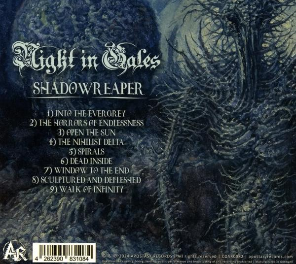 Ein Albumcover mit dunklem Artwork und einer Liste von Songtiteln.