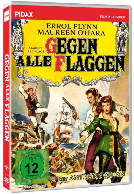 DVD-Cover: Filmplakat mit Errol Flynn und Maureen O'Hara, betitelt 'Gegen Alle Flaggen'.