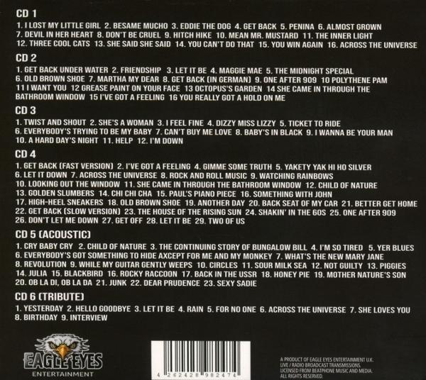 CD mit Titelliste und Künstlerinformationen, schwarzer Hintergrund, weißer Text.