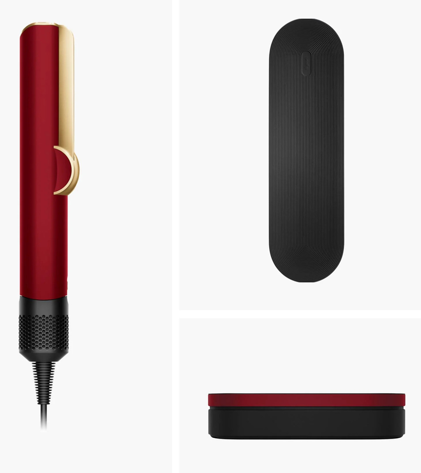 Czerwona prostownica do włosów ze złotymi akcentami, czarnym etui i czarną podstawą.