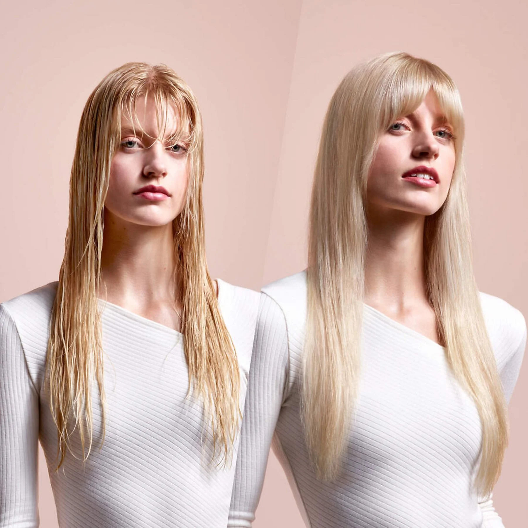 Dwie kobiety. Jedna z mokrymi, druga z ułożonymi włosami. Różowe tło.