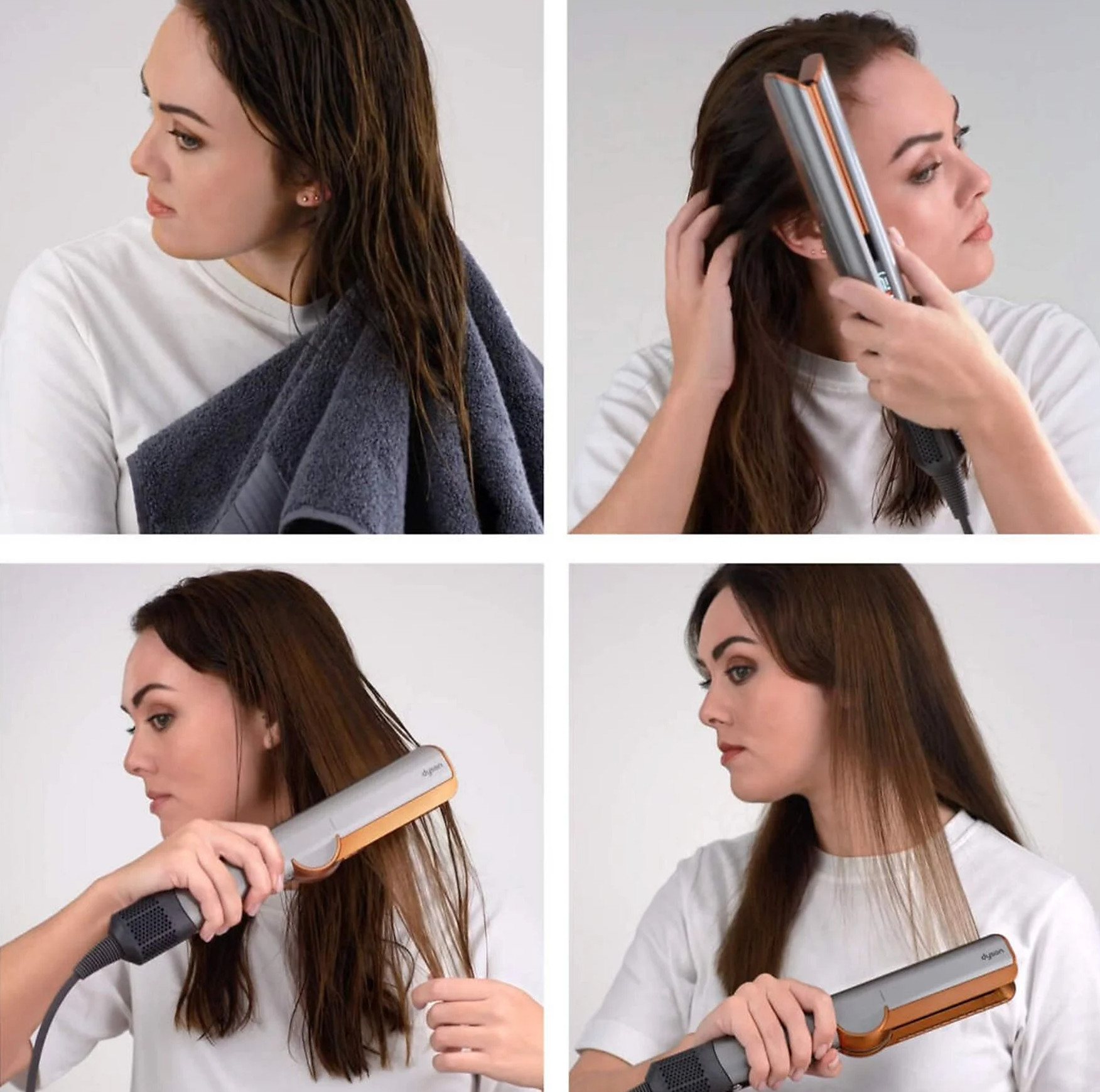 Cztery zdjęcia kobiety używającej prostownicy do włosów. Ma na sobie biały t-shirt.