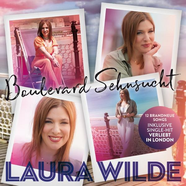 Vier Fotos im Polaroid-Stil mit einer Frau. Text enthält 'Boulevard Sehnsucht' und Künstlername.