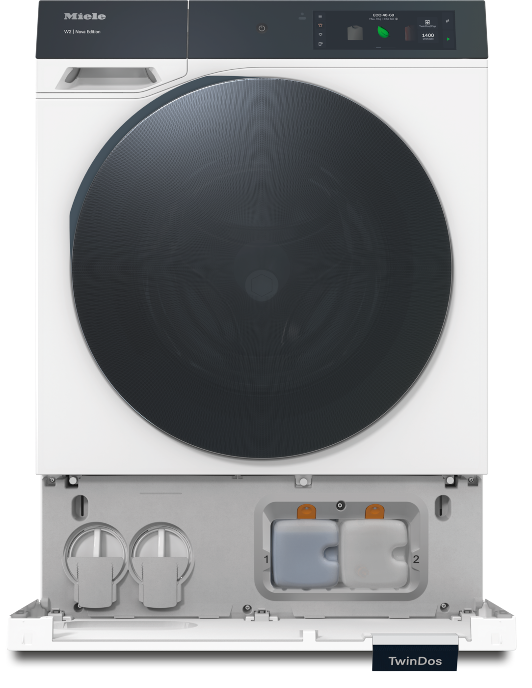 Weiße Miele Waschmaschine mit dunkelgrauer Tür und Display.