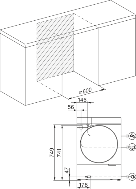Diagramm eines Geschirrspülers, mit Abmessungen und Installationsdetails.