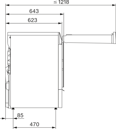 Ein Diagramm zeigt Abmessungen einer Siemens Waschmaschine. Die Maße sind in cm.