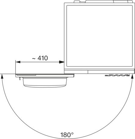 Diagramm eines Monitors mit Abmessungen und einem 180-Grad-Bogen. Schwarze Linien.