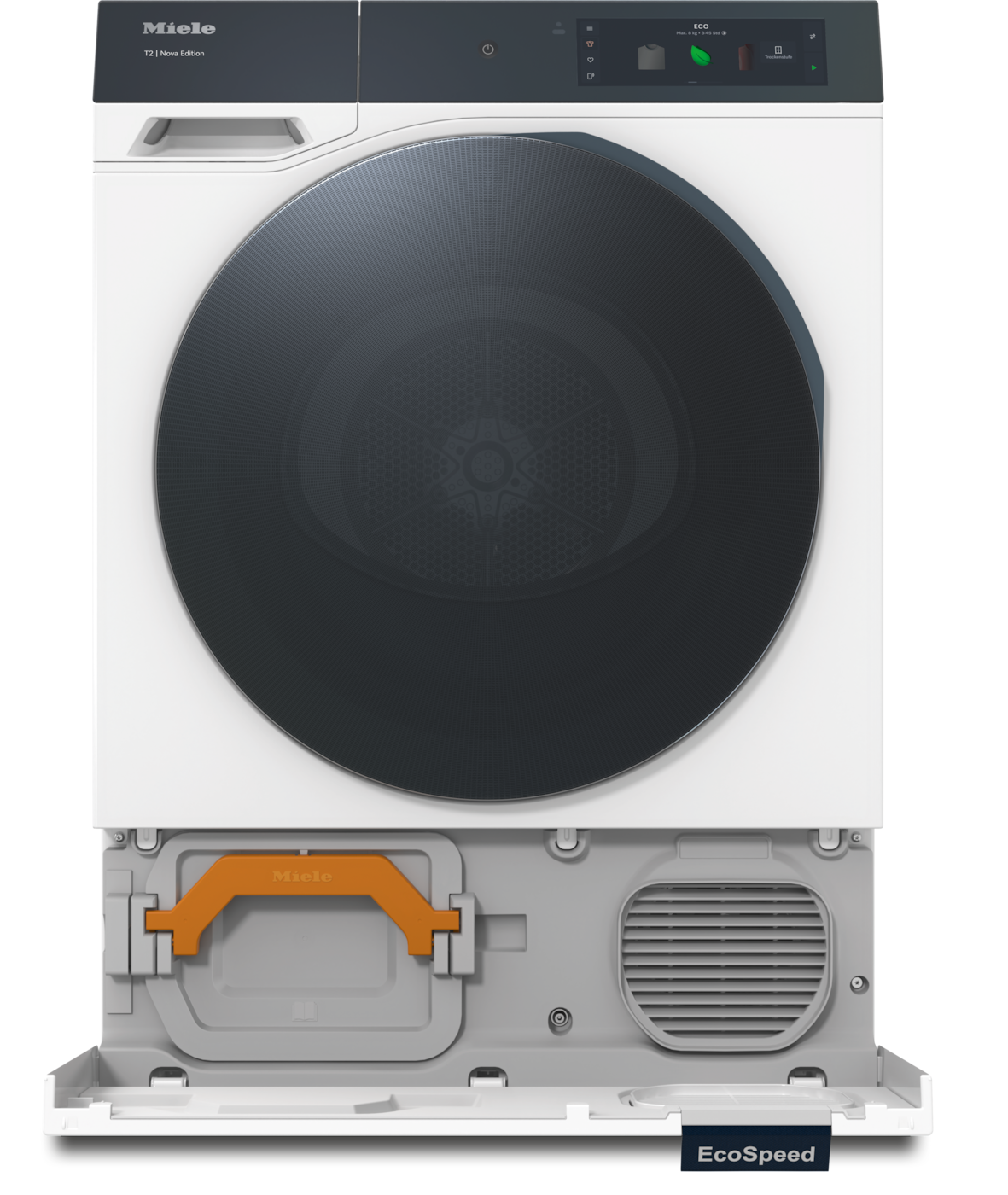 Weiße Miele Waschmaschine. Schwarze Tür. Orange und graue Details. EcoSpeed-Etikett.