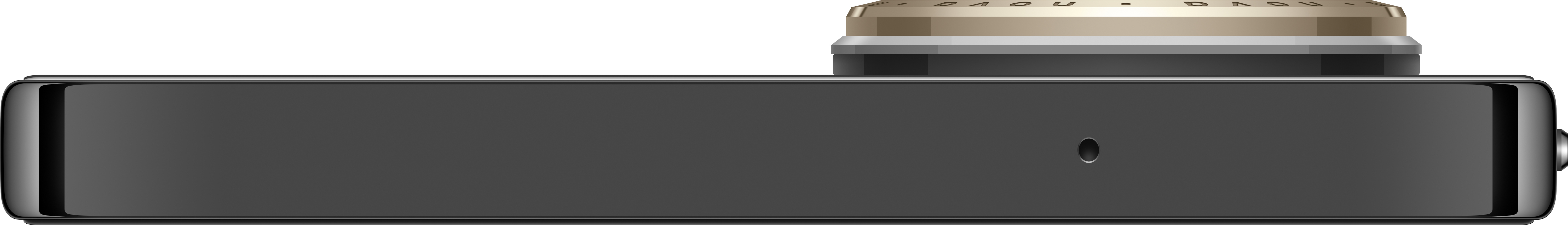 Widok z boku szarego i złotego obiektywu aparatu na czarnym urządzeniu.