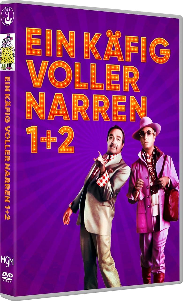 DVD-Hülle für "Ein Käfig voller Narren" mit zwei Männern in bunten Kostümen.