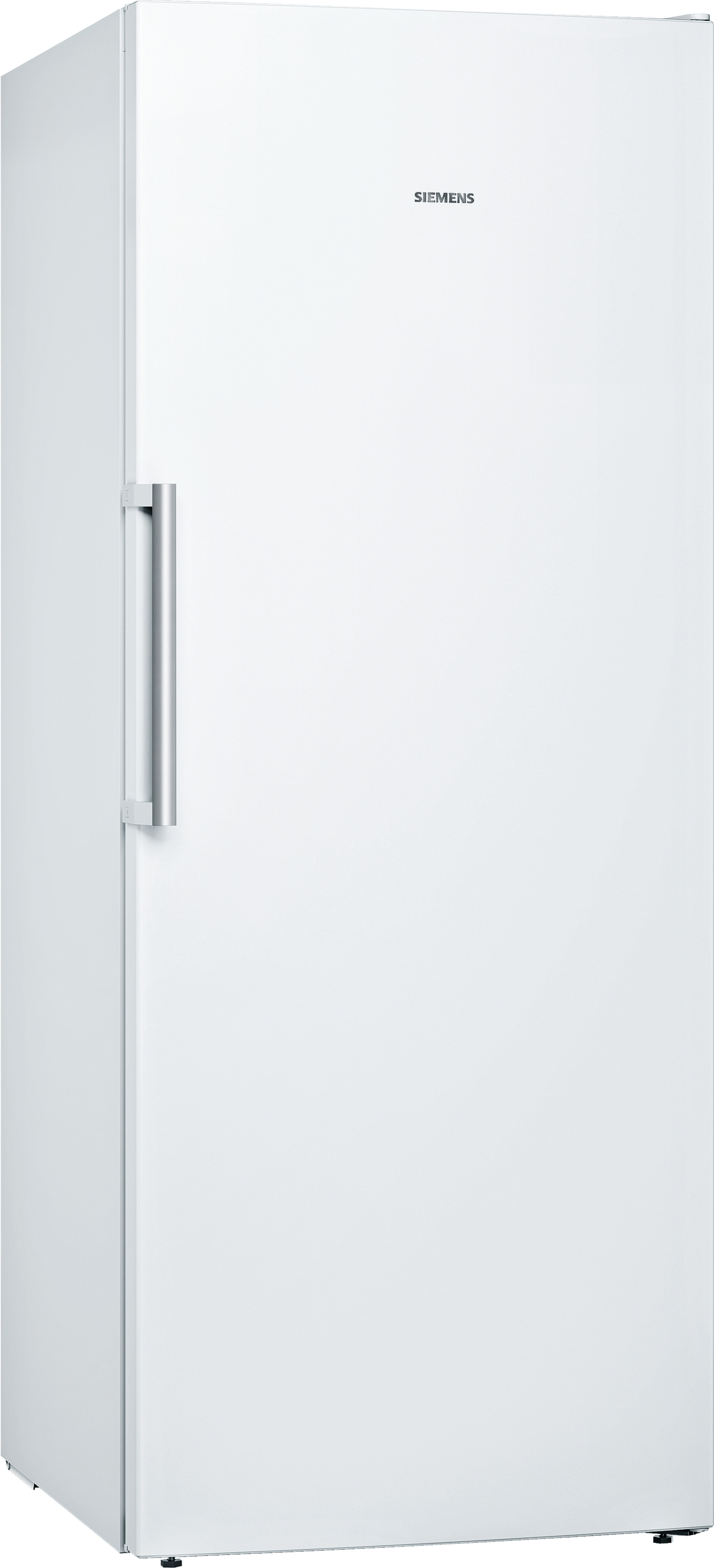 Ein weißer Siemens-Kühlschrank mit silbernem Griff, von vorne.