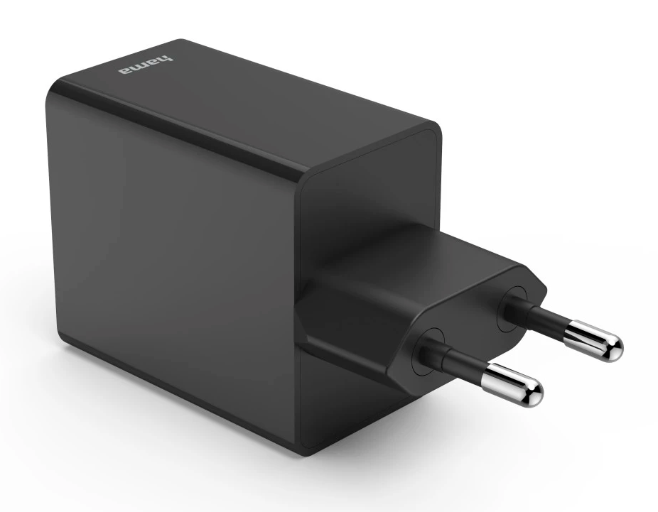 Czarny zasilacz Hama, z dwoma widocznymi bolcami.