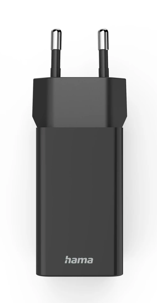 Czarna ładowarka z dwoma bolcami. Marka 'hama' znajduje się na dole.