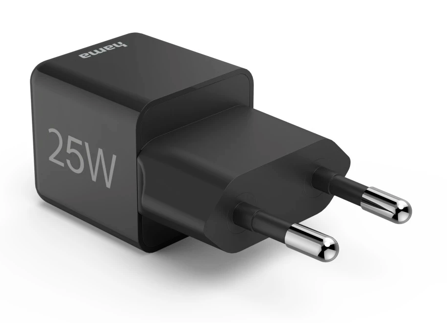Czarna ładowarka Hama 25W z dwoma srebrnymi pinami.
