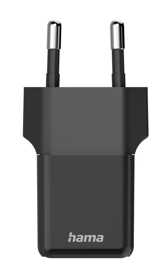 Czarna ładowarka Hama z dwoma srebrnymi pinami, na białym tle.